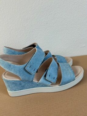 Ecco Light Blue Suede Wedge Sandals with Adjustable Straps